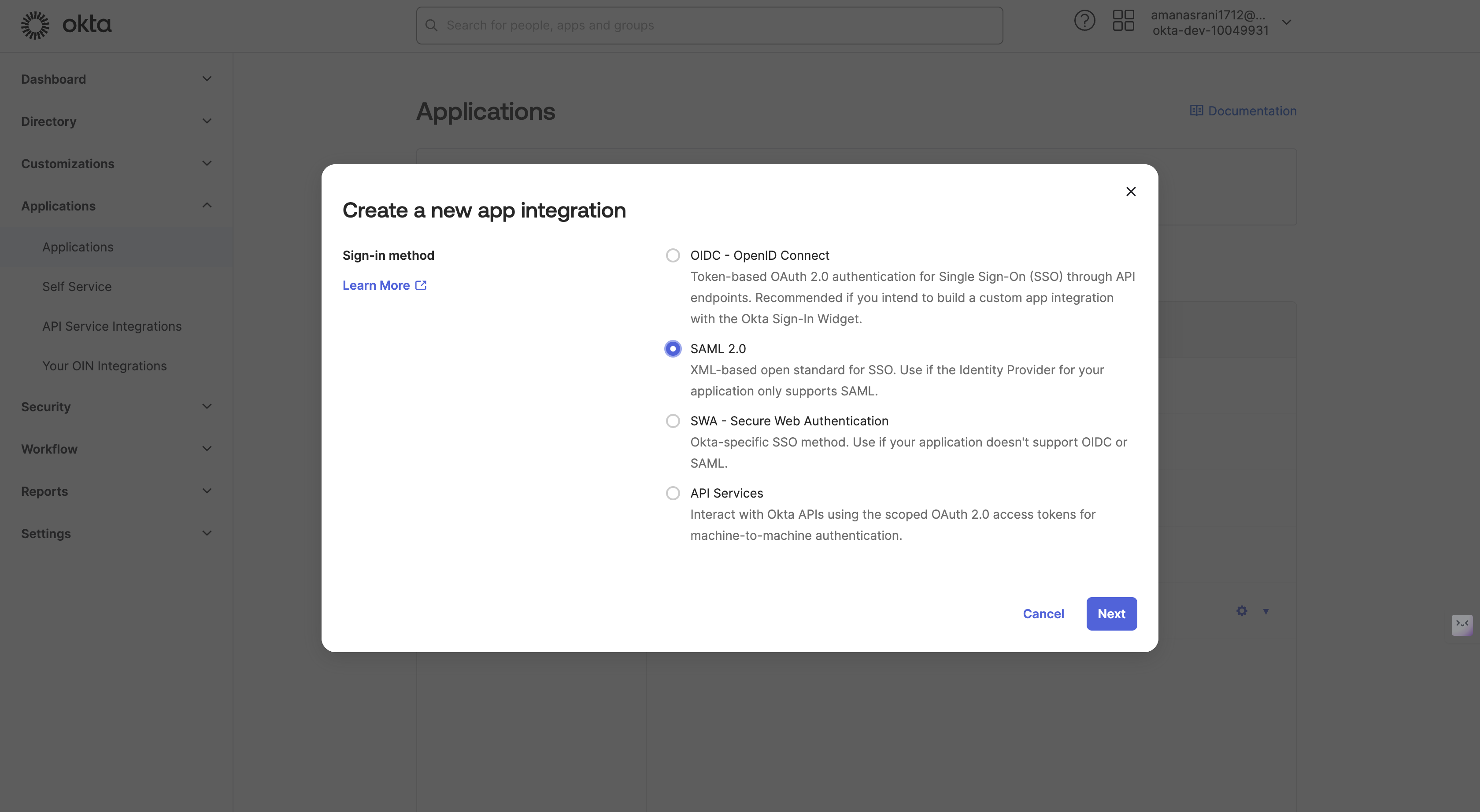 Select "SAML 2.0" as the Sign-on method and click "Next"..